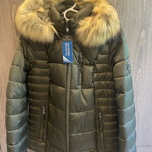 Nautica Women's Olive Puffer Jacket with Faux Fur Trim